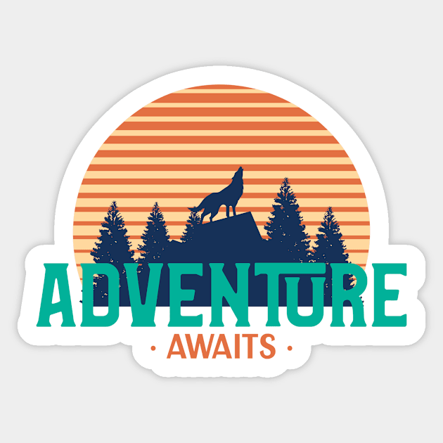 Adventure Awaits Retro Wolf Howling Sticker by Nature Lover Apparel